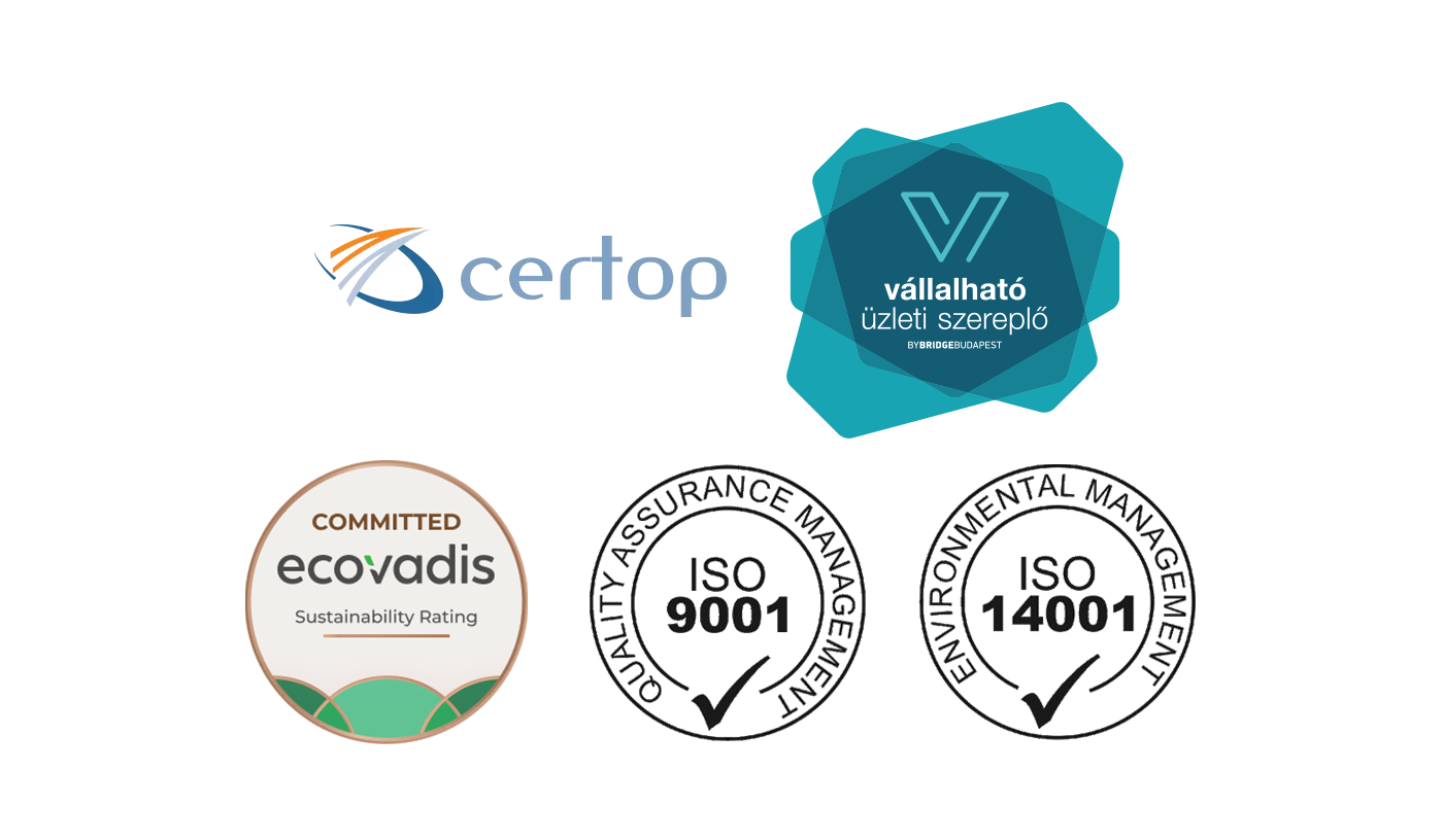 Minősítéseink és elismeréseink: Certop, Vállalható Üzleti Szereplő, EcoVadis, ISO 9001, ISO 14001